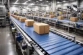 Industrial warehouse with rows of conveyor belts moving brown cardboard boxes. The setting is bright, spacious, and efficient, conveying automation.