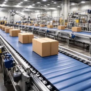 Industrial warehouse with rows of conveyor belts moving brown cardboard boxes. The setting is bright, spacious, and efficient, conveying automation.