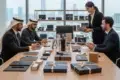 A business meeting with three men in traditional Middle Eastern attire and one man in a suit seated at a gift-laden table. A woman in a suit stands, presenting. The atmosphere is professional, set against a cityscape backdrop.