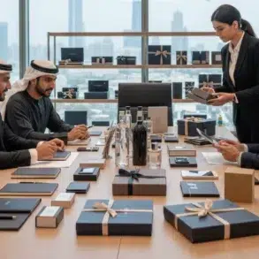 A business meeting with three men in traditional Middle Eastern attire and one man in a suit seated at a gift-laden table. A woman in a suit stands, presenting. The atmosphere is professional, set against a cityscape backdrop.