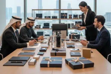 A business meeting with three men in traditional Middle Eastern attire and one man in a suit seated at a gift-laden table. A woman in a suit stands, presenting. The atmosphere is professional, set against a cityscape backdrop.