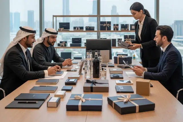 A business meeting with three men in traditional Middle Eastern attire and one man in a suit seated at a gift-laden table. A woman in a suit stands, presenting. The atmosphere is professional, set against a cityscape backdrop.