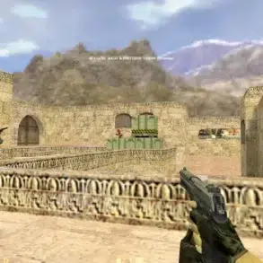 Video game screenshot from a desert map in Counter-Strike. Players aim guns in a tense combat scene with stone walls and mountain backdrop.