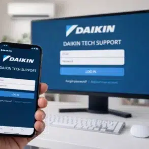 Daikin Tech Support login screen guide showing portal access, account recovery, and troubleshooting steps for software platforms.