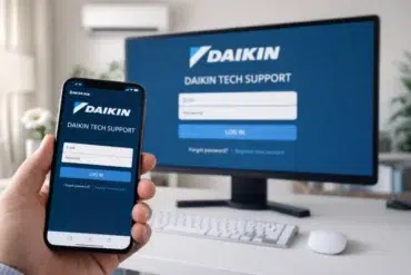 Daikin Tech Support login screen guide showing portal access, account recovery, and troubleshooting steps for software platforms.