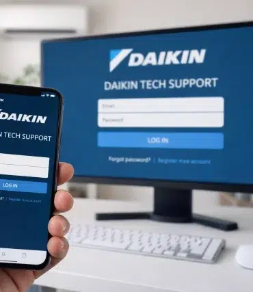 Daikin Tech Support login screen guide showing portal access, account recovery, and troubleshooting steps for software platforms.