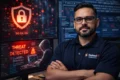 A confident man stands with folded arms in a cybersecurity center, displaying screens with a red shield, "Threat Detected" alert, and a countdown.