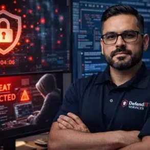 A confident man stands with folded arms in a cybersecurity center, displaying screens with a red shield, "Threat Detected" alert, and a countdown.