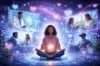 A person meditates, glowing orb at chest, surrounded by ethereal blue, purple tech scenes: doctor, VR user, couple talking. Calm, futuristic, and healing vibe.