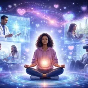 A person meditates, glowing orb at chest, surrounded by ethereal blue, purple tech scenes: doctor, VR user, couple talking. Calm, futuristic, and healing vibe.