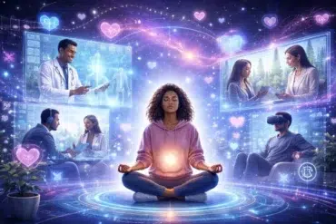 A person meditates, glowing orb at chest, surrounded by ethereal blue, purple tech scenes: doctor, VR user, couple talking. Calm, futuristic, and healing vibe.