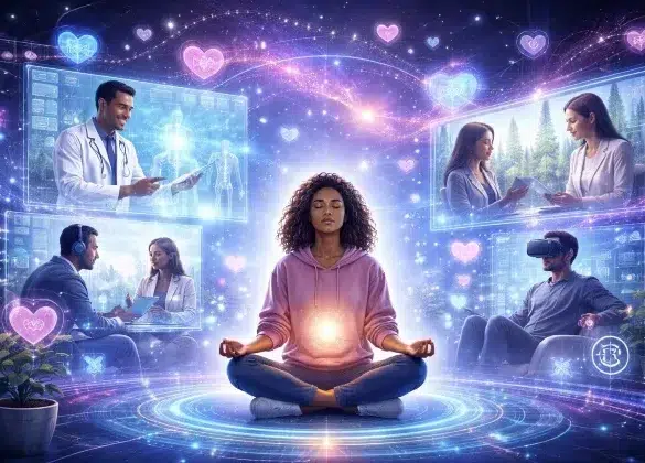 A person meditates, glowing orb at chest, surrounded by ethereal blue, purple tech scenes: doctor, VR user, couple talking. Calm, futuristic, and healing vibe.