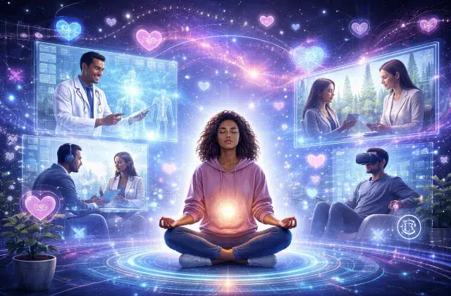A person meditates, glowing orb at chest, surrounded by ethereal blue, purple tech scenes: doctor, VR user, couple talking. Calm, futuristic, and healing vibe.