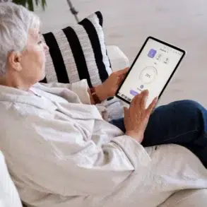 An elderly person sits on a white couch, using a tablet with a bright interface. They appear focused and relaxed, with a striped cushion beside them.