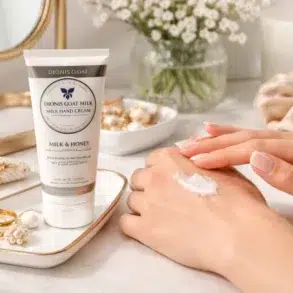 Dionis Goat Milk Hand Cream on a minimalist vanity with clean girl beauty styling and soft, moisturized hands.