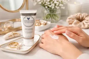 Dionis Goat Milk Hand Cream on a minimalist vanity with clean girl beauty styling and soft, moisturized hands.