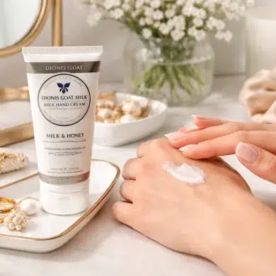 Dionis Goat Milk Hand Cream on a minimalist vanity with clean girl beauty styling and soft, moisturized hands.