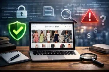 Laptop screen showing Distintas Net online store with security icons, warning symbols, and a magnifying glass checking website legitimacy