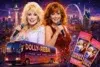 A vibrant promotional image featuring two singers with microphones, a tour bus labeled "DOLLY & REBA," and concert tickets against a city skyline backdrop.