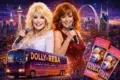 A vibrant promotional image featuring two singers with microphones, a tour bus labeled "DOLLY & REBA," and concert tickets against a city skyline backdrop.