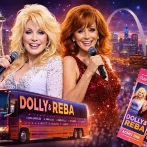 A vibrant promotional image featuring two singers with microphones, a tour bus labeled "DOLLY & REBA," and concert tickets against a city skyline backdrop.