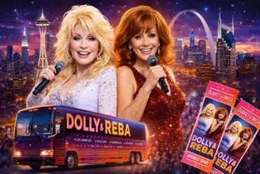 A vibrant promotional image featuring two singers with microphones, a tour bus labeled "DOLLY & REBA," and concert tickets against a city skyline backdrop.
