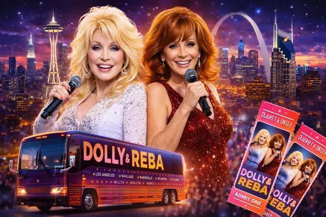 A vibrant promotional image featuring two singers with microphones, a tour bus labeled "DOLLY & REBA," and concert tickets against a city skyline backdrop.