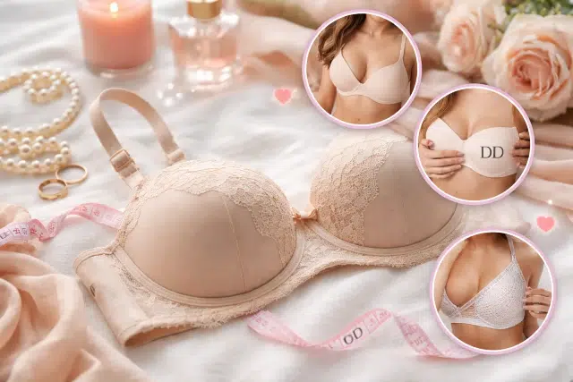 double d bra size fit guide showing band measurement bust measurement and sister size examples