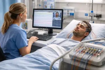 EEG Tech in hospitals monitoring brain activity with EEG electrodes for diagnosis and ICU care