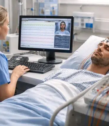 EEG Tech in hospitals monitoring brain activity with EEG electrodes for diagnosis and ICU care
