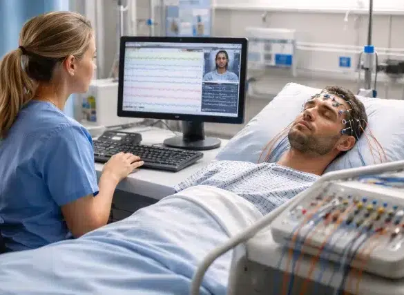 EEG Tech in hospitals monitoring brain activity with EEG electrodes for diagnosis and ICU care