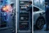 A triptych: left, an engineer in protective gear touches a glowing electrical panel; center, a man in a suit adjusting wires in a circuit box; right, a man charging an electric car. The setting is urban and futuristic.