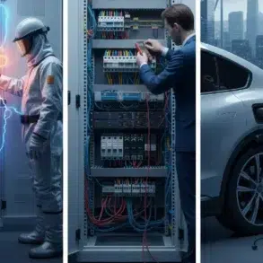 A triptych: left, an engineer in protective gear touches a glowing electrical panel; center, a man in a suit adjusting wires in a circuit box; right, a man charging an electric car. The setting is urban and futuristic.