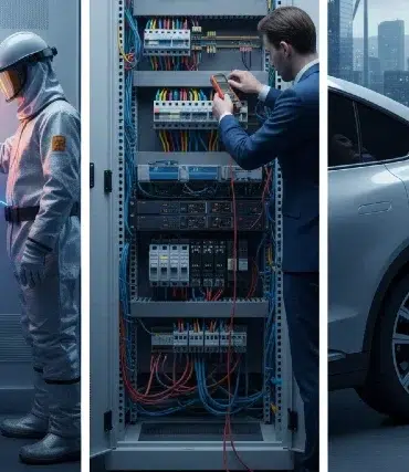 A triptych: left, an engineer in protective gear touches a glowing electrical panel; center, a man in a suit adjusting wires in a circuit box; right, a man charging an electric car. The setting is urban and futuristic.