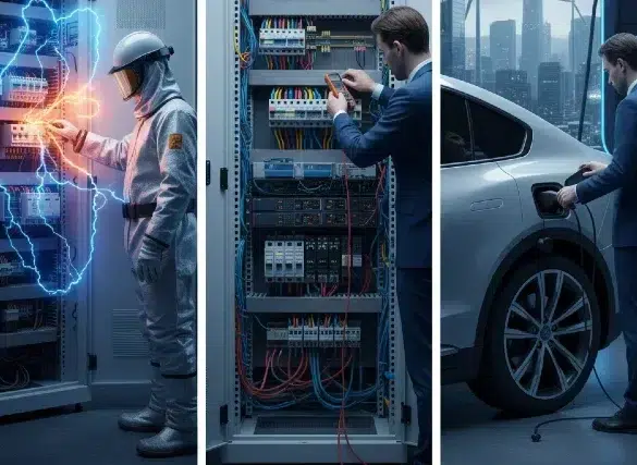 A triptych: left, an engineer in protective gear touches a glowing electrical panel; center, a man in a suit adjusting wires in a circuit box; right, a man charging an electric car. The setting is urban and futuristic.