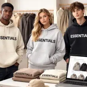 Three models wearing "ESSENTIALS" hoodies in beige, grey, and black, surrounded by clothes and a laptop displaying similar apparel. Casual, trendy vibe.