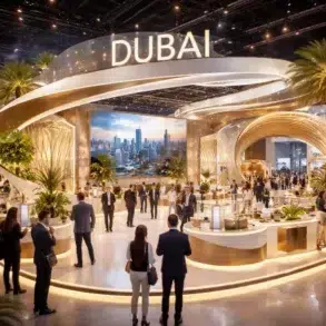 Spacious expo hall with a glowing "Dubai" sign, featuring a futuristic design, lush greenery, and a cityscape backdrop. Attendees in business attire network.