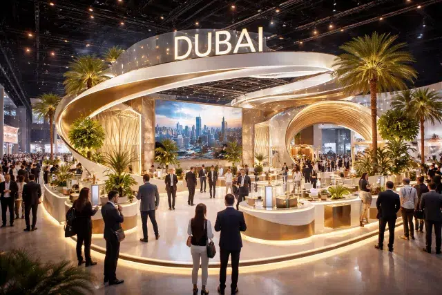 Spacious expo hall with a glowing "Dubai" sign, featuring a futuristic design, lush greenery, and a cityscape backdrop. Attendees in business attire network.