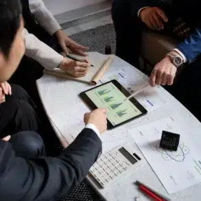 A group of professionals in suits collaborates over a tablet displaying graphs, surrounded by documents and a calculator on a table.