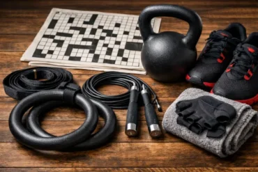Fitness Items for Swinging Crossword Clue answer guide featuring kettlebells and crossword solving hints