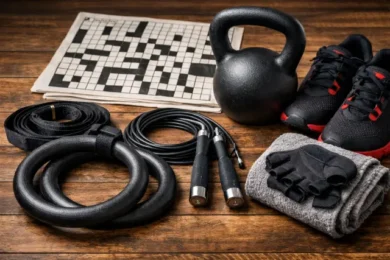 Fitness Items for Swinging Crossword Clue answer guide featuring kettlebells and crossword solving hints