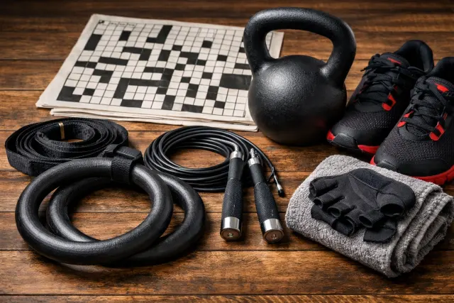 Fitness Items for Swinging Crossword Clue answer guide featuring kettlebells and crossword solving hints
