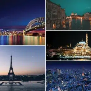 Iconic cityscapes of Sydney, Venice, Istanbul, Paris and Tokyo at night, highlighting global destinations known for immersive dining experiences.