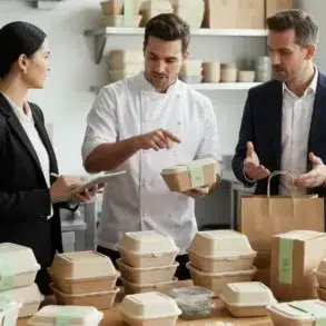 Three people discuss eco-friendly packaging in a kitchen. A woman holds a tablet, a chef gestures to boxes, and a man in a suit listens. Mood is collaborative.