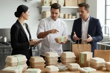 Three people discuss eco-friendly packaging in a kitchen. A woman holds a tablet, a chef gestures to boxes, and a man in a suit listens. Mood is collaborative.