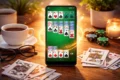 A smartphone displaying a solitaire game is on a wooden table. Surrounding it are playing cards, poker chips, a coffee cup, glasses, and a lit candle, creating a cozy atmosphere.