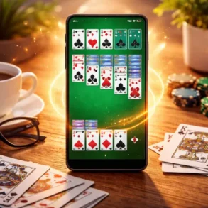 A smartphone displaying a solitaire game is on a wooden table. Surrounding it are playing cards, poker chips, a coffee cup, glasses, and a lit candle, creating a cozy atmosphere.