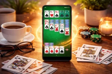 A smartphone displaying a solitaire game is on a wooden table. Surrounding it are playing cards, poker chips, a coffee cup, glasses, and a lit candle, creating a cozy atmosphere.