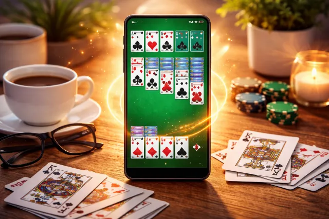 A smartphone displaying a solitaire game is on a wooden table. Surrounding it are playing cards, poker chips, a coffee cup, glasses, and a lit candle, creating a cozy atmosphere.
