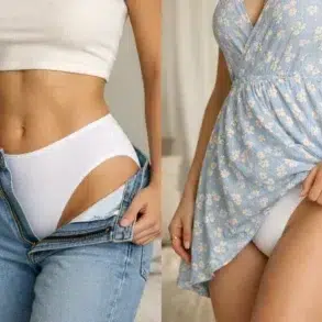 A split image showcasing a woman in French Cut Briefs white underwear: one side with jeans being pulled up, the other in a floral dress lifting the hem.